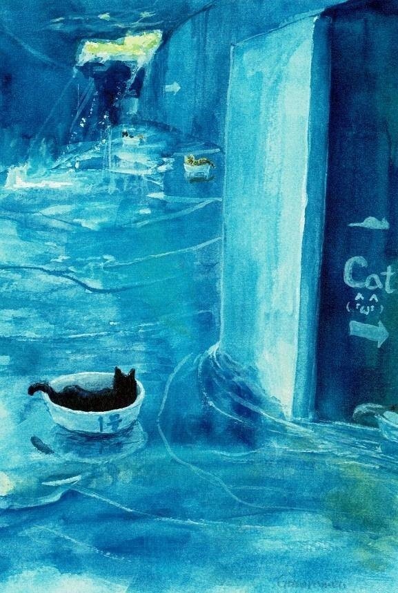 水彩画（原画のみで額はつきません）「秘密基地へ向かう黒猫隊員」