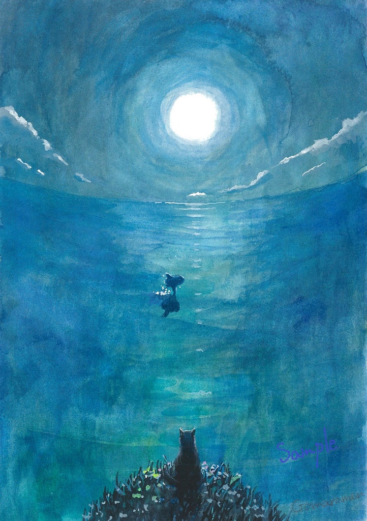水彩画（原画のみで額はつきません）「満月の海」