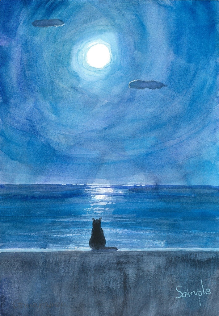 水彩画（原画のみで額はつきません）「平和を祈る猫」