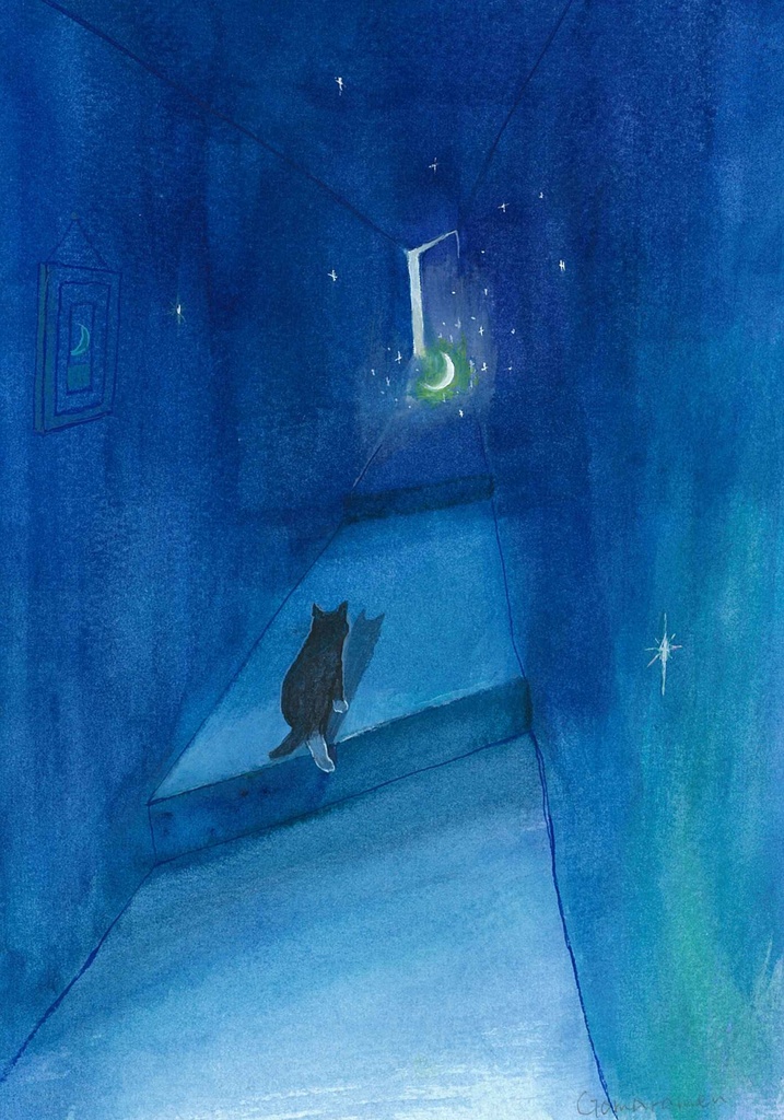 水彩画（原画のみで額はつきません）「夜中の廊下で」