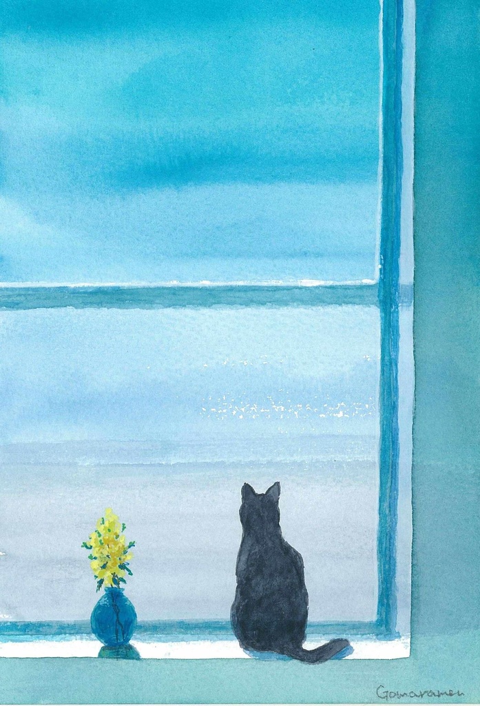 水彩画（原画）（額装済み）「ミモザの窓辺」