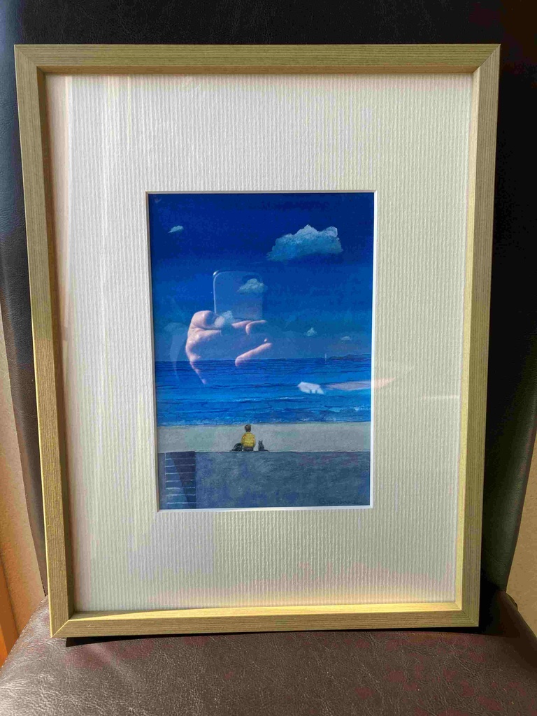 水彩画(原画)(額装済み)「堤防の上で」