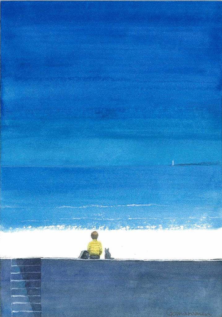 水彩画（原画）（額装済み）「堤防の上で」