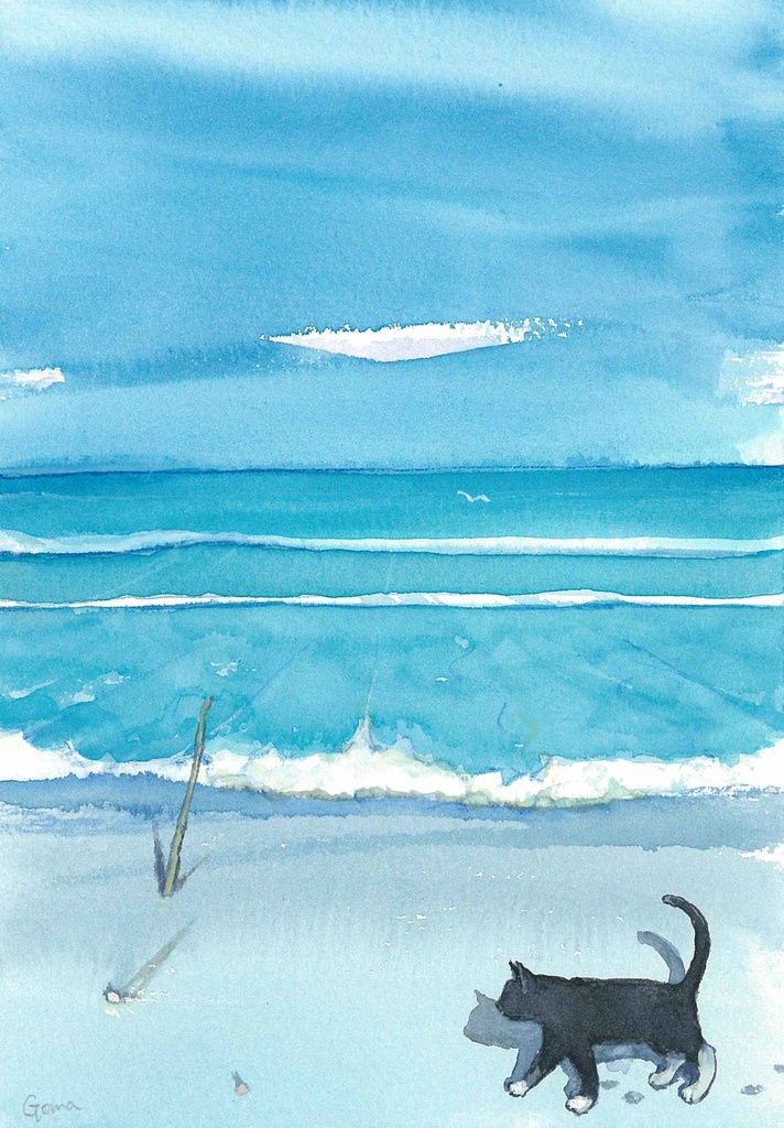 水彩画（原画）（額装済み）「波打ち際」