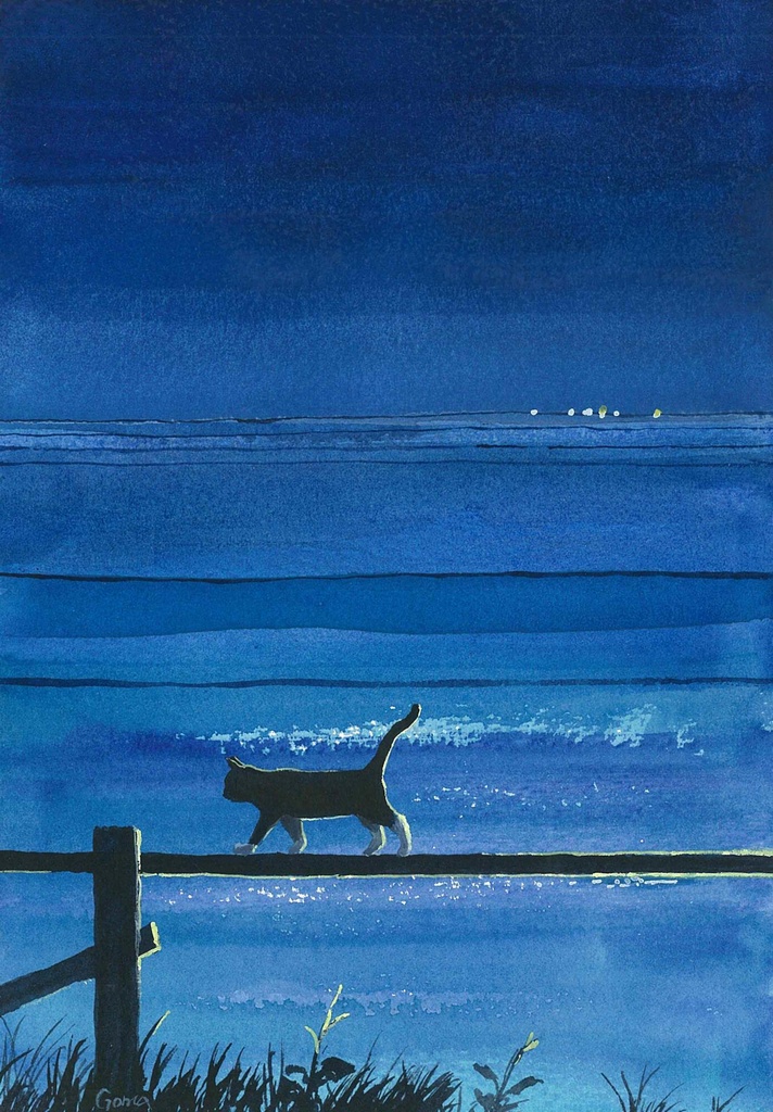 水彩画（原画）（額装済み）「週末の夜」