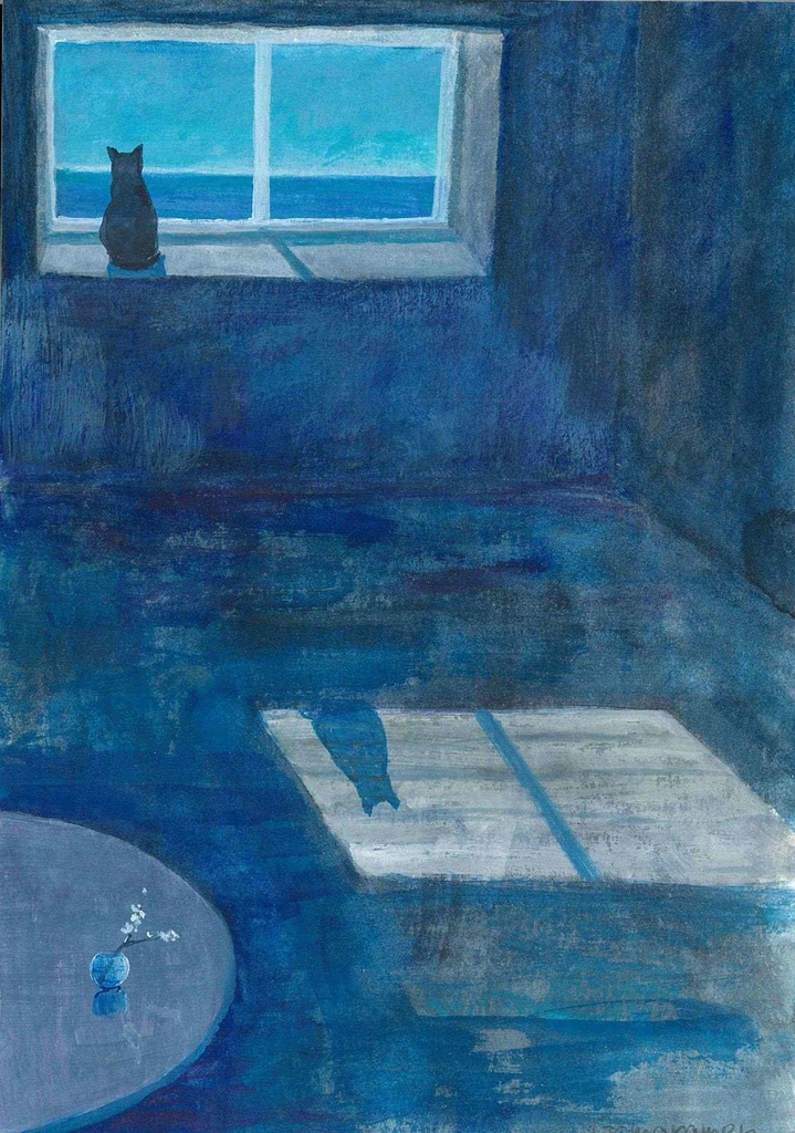 水彩画（原画）（額装済み）「海が見える窓」