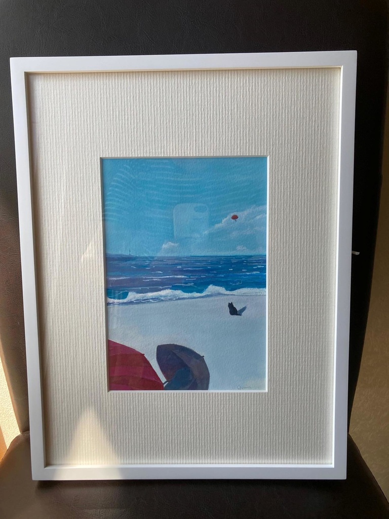 水彩画(原画)(額装済み)「赤い傘」