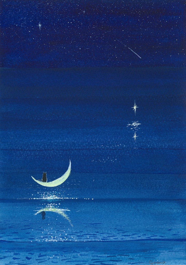 水彩画（原画）（額装済み）「月猫」