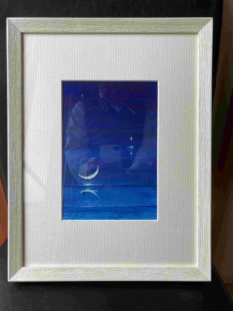 水彩画(原画)(額装済み)「月猫」
