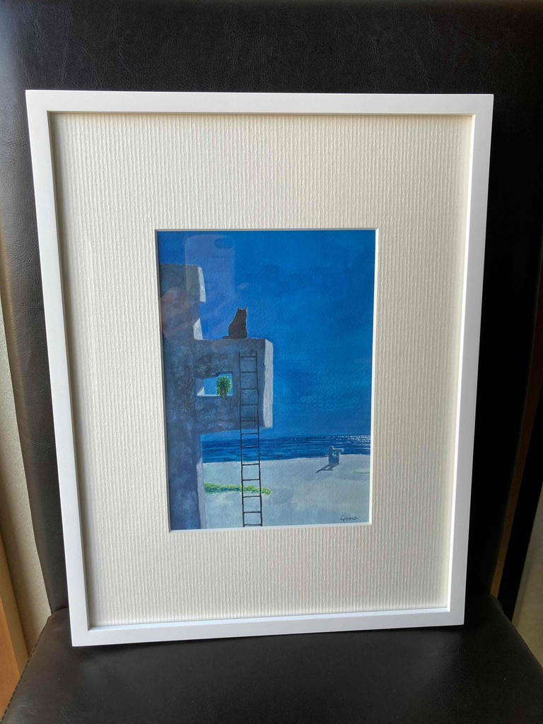 水彩画(原画)(額装済み)「海辺のモニュメント」