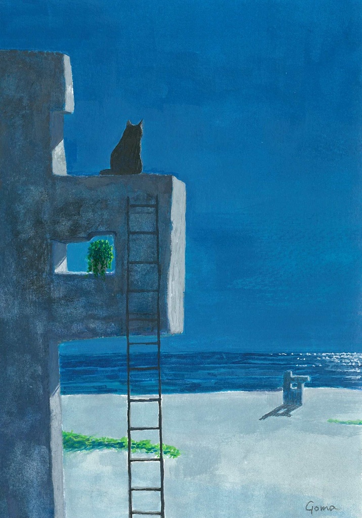 水彩画（原画）(額装済み）「海辺のモニュメント」