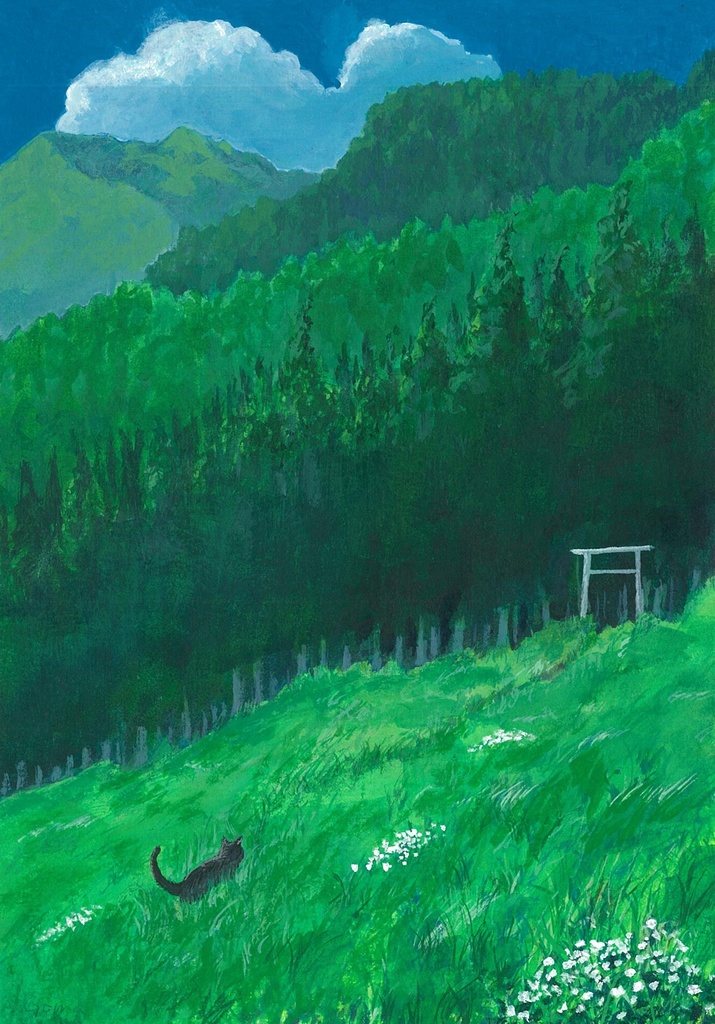 水彩画（原画）（額装済み）「ひみつのお参り」