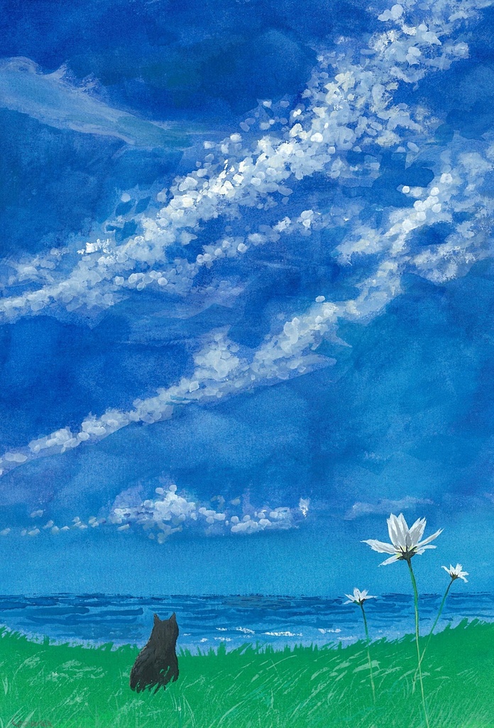水彩画（原画）（額装済み）「うろこ雲」