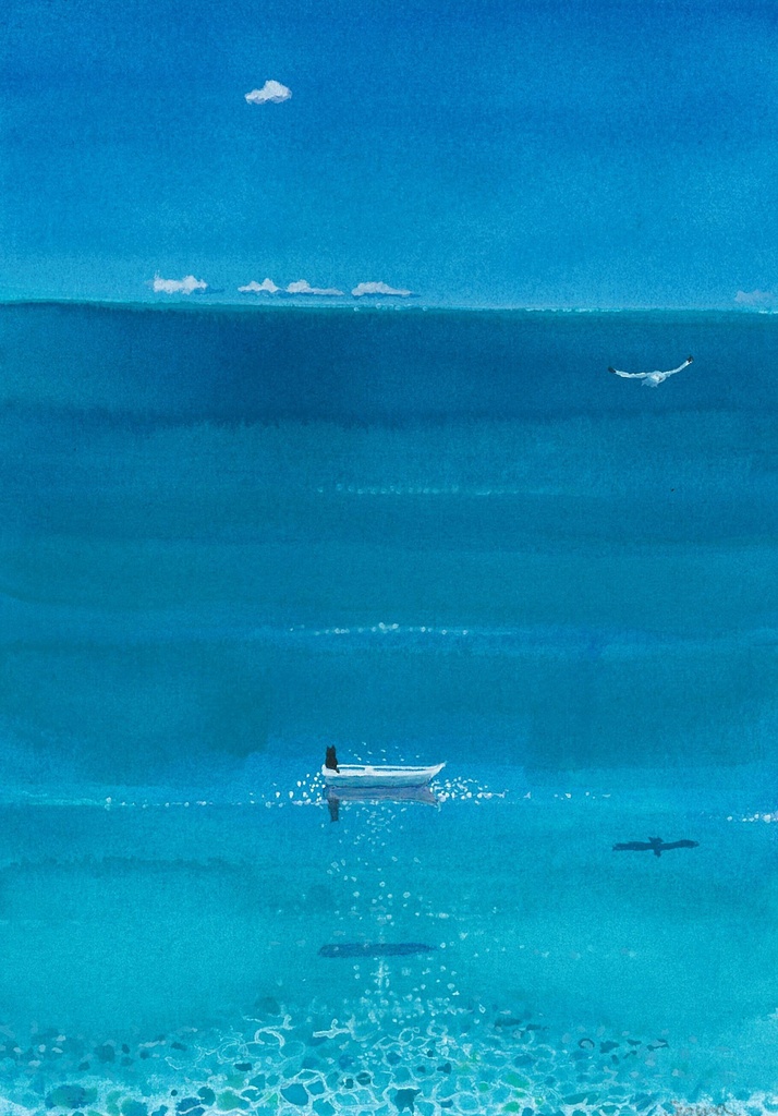 水彩画（原画）（額装済み）「リゾート気分」