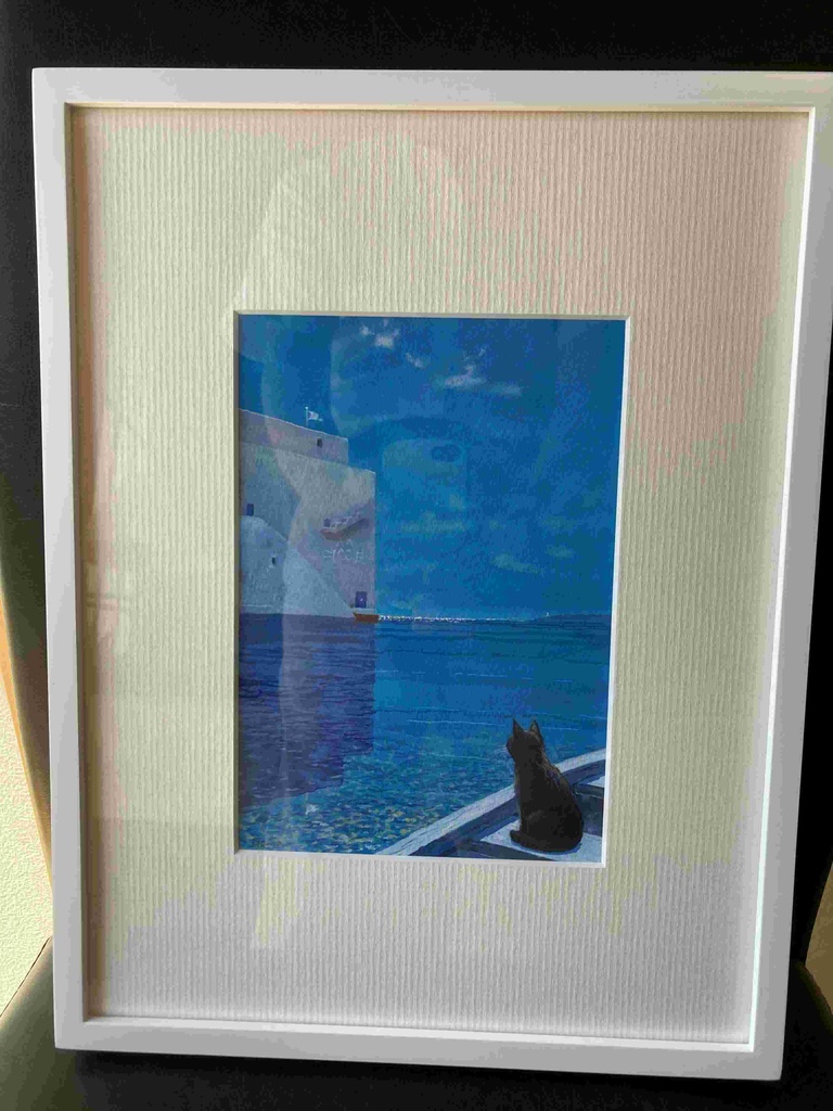 水彩画(原画)(額装済み)「猫の秘密基地」