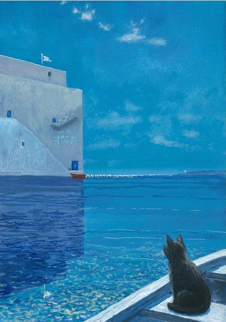 水彩画（原画）（額装済み）「猫の秘密基地」
