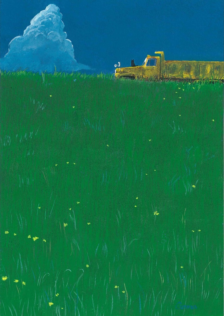 水彩画（原画）（額装済み）「ねこと老兵の夏」