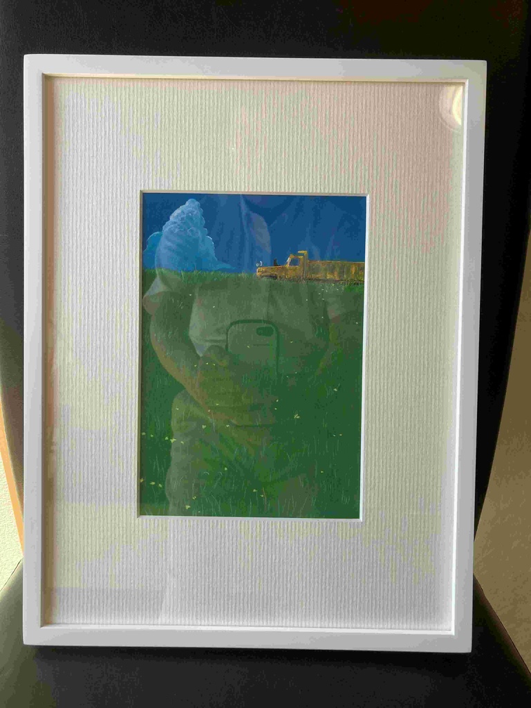 水彩画(原画)(額装済み)「ねこと老兵の夏」