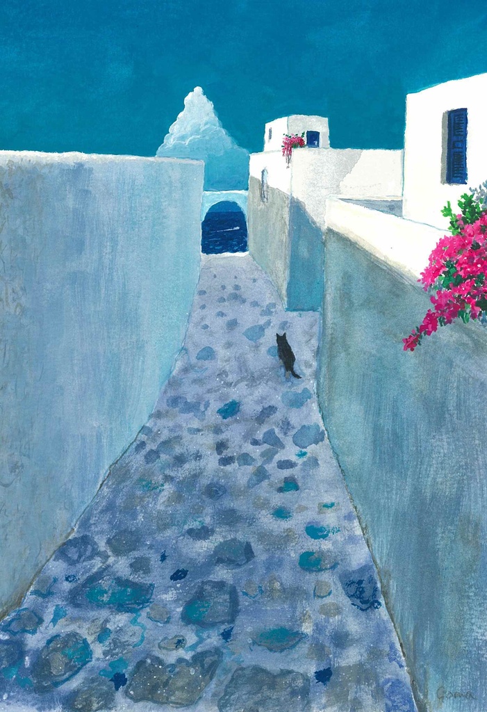 水彩画（原画）（額装済み）「ブーゲンビリアの路地」