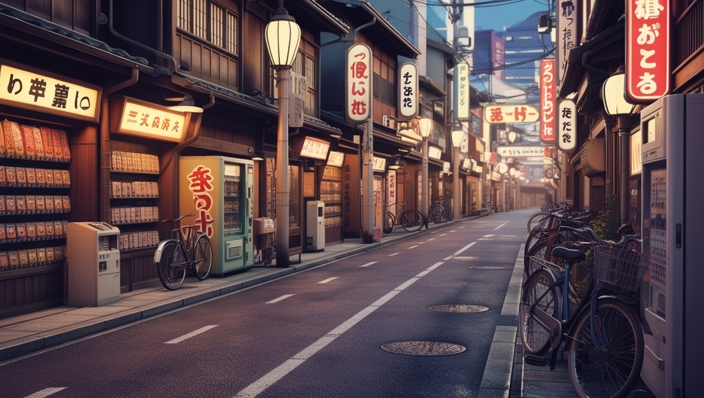 昭和レトロな商店街背景 – 80年代アニメ風