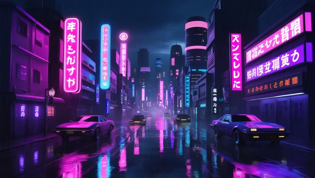 80年代アニメ風・ネオン輝く夜の街並み背景
