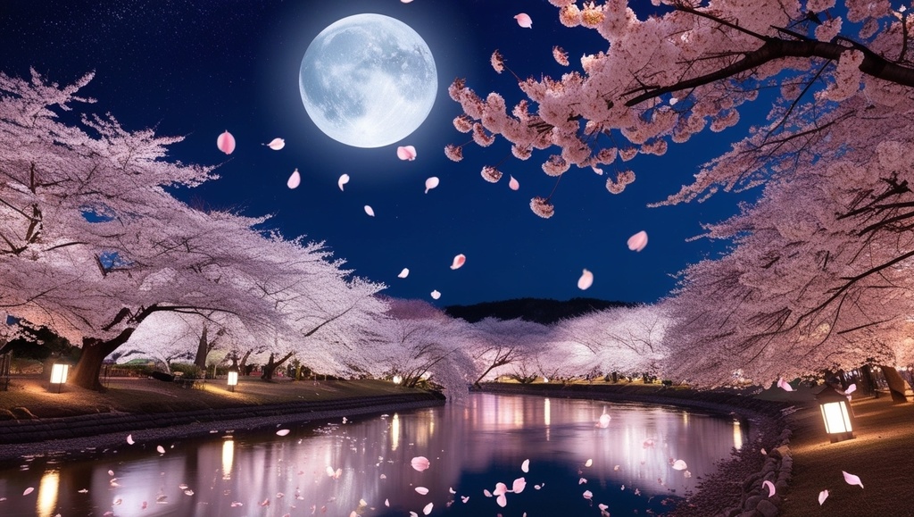 「幻想桜夜 - 風に舞う夜桜と満月の光(背景セット)