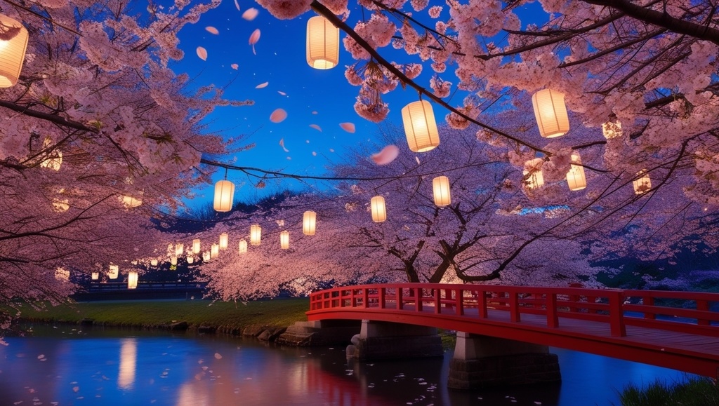 「幻想桜夜 - 風に舞う夜桜と満月の光(背景セット)