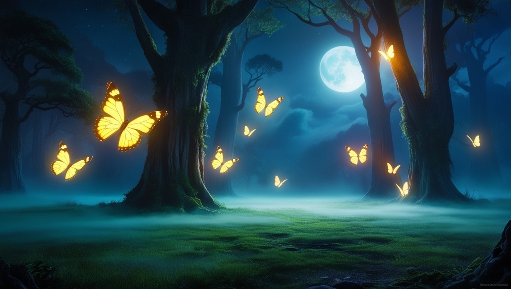 幻想的な夜の森と光る蝶セット