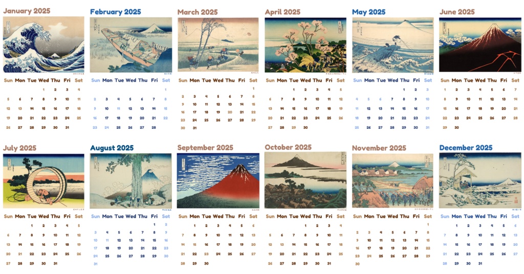 北斎 卓上カレンダー 2025 (冨嶽三十六景) Hokusai Desk Calendar 2025