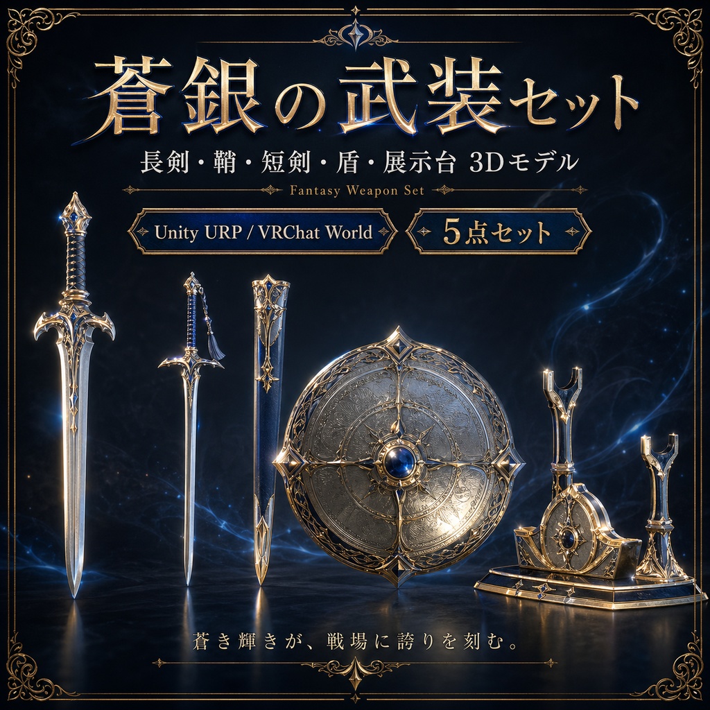 蒼銀の武装セット｜長剣・鞘・短剣・盾・展示台 3Dモデル