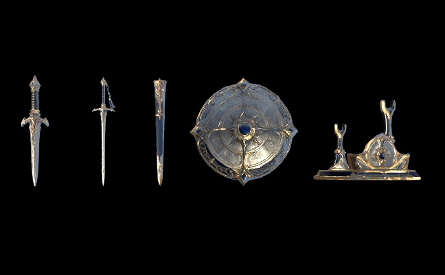 蒼銀の武装セット|長剣・鞘・短剣・盾・展示台 3Dモデル