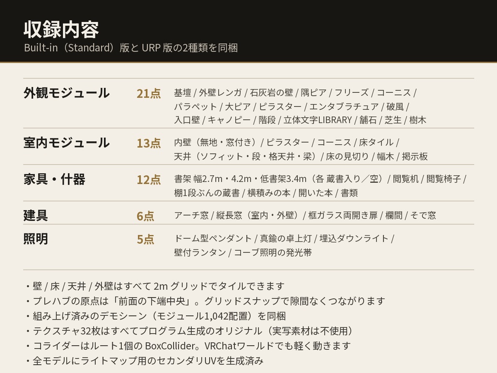 洋風図書館 3Dアセットパック【モジュール式・全57点】【Unity / VRChat対応】