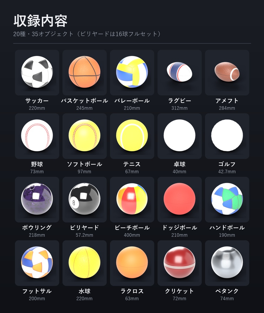 スポーツボール 20種 35個セット【VRChat / Unity3Dモデル・ピックアップ設定済み】