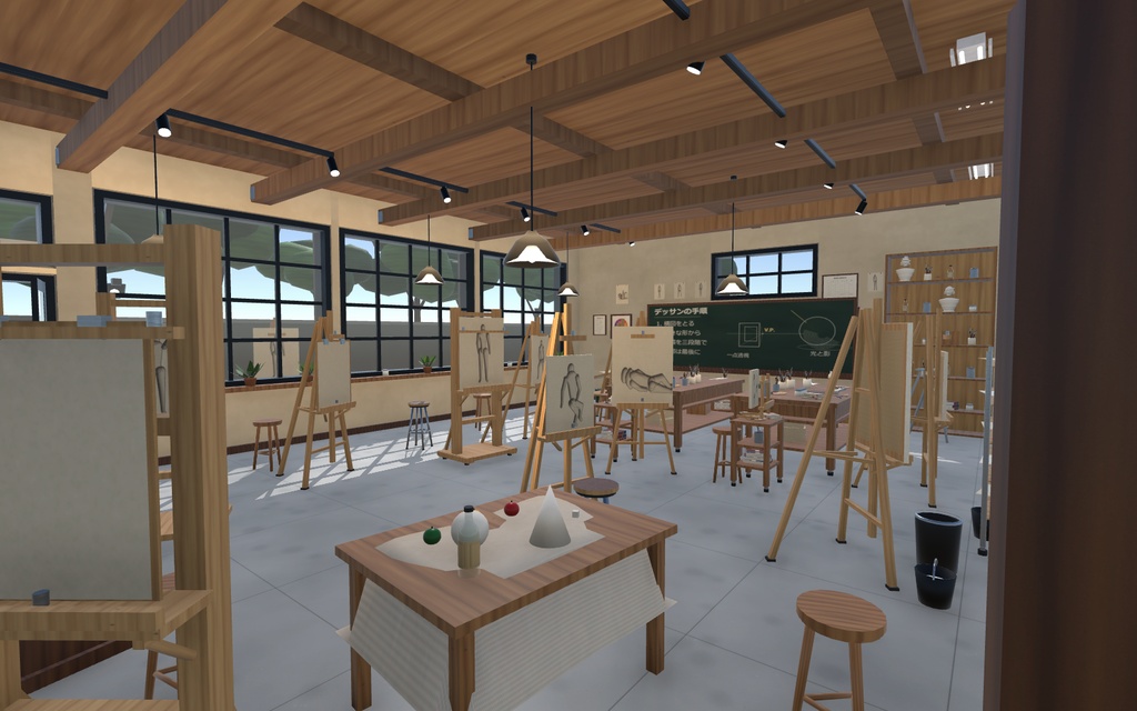 美術室・アトリエ 3D背景アセット|石膏像・イーゼル・画材つき|Unity / VRChat対応