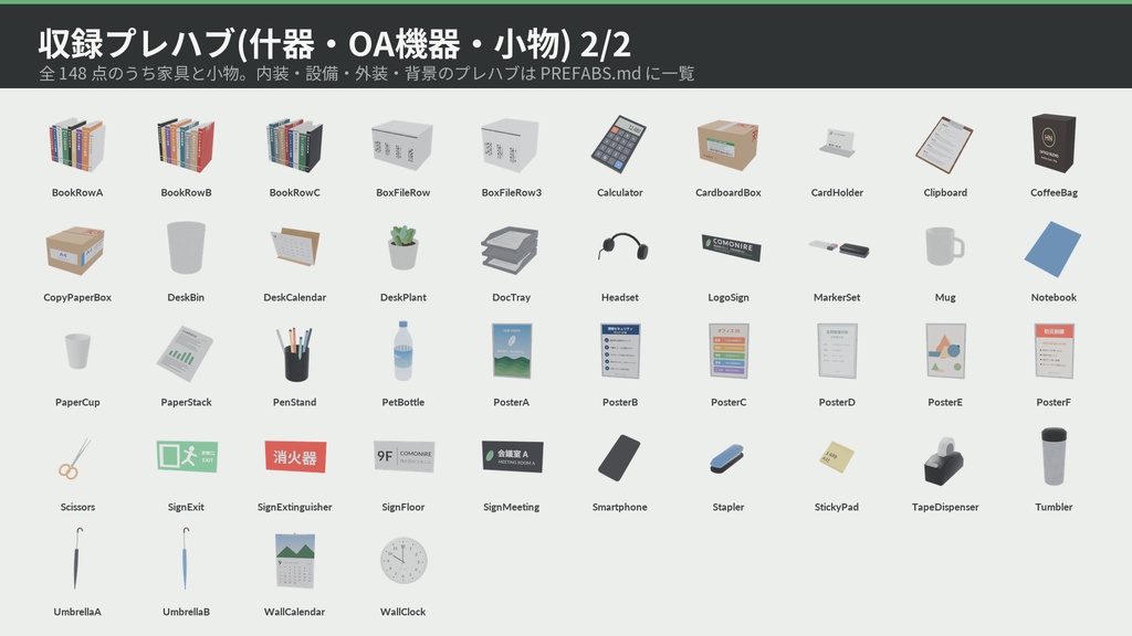 【VRChat・Unity対応】オフィス3Dアセットパック|執務室・会議室・ラウンジ・キッチン一式【プレハブ148点】