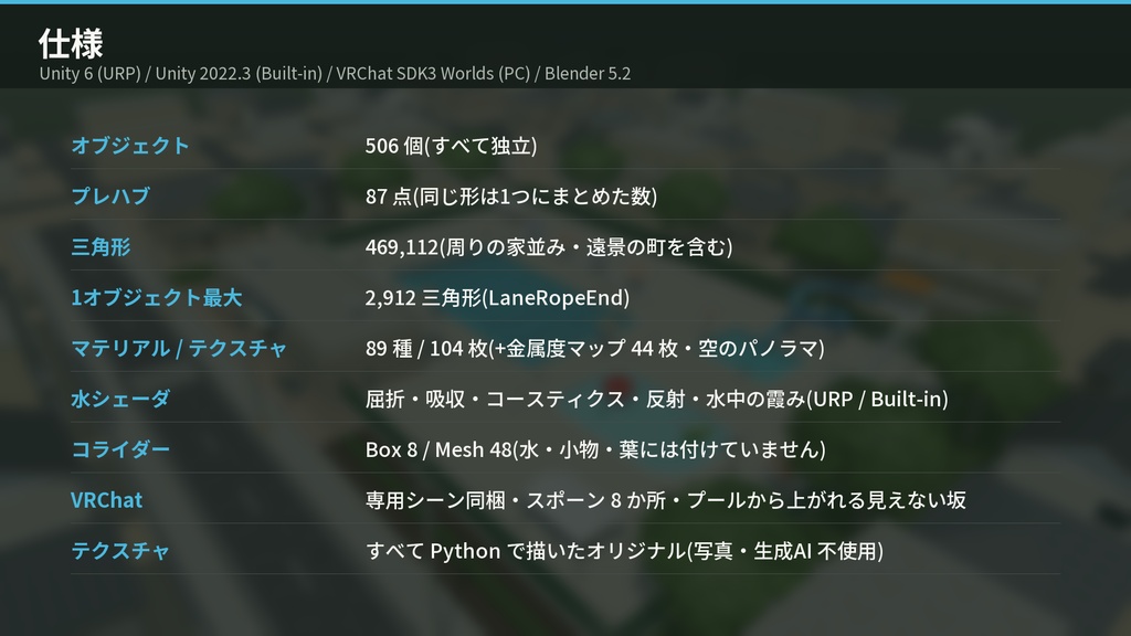 【VRChat・Unity対応】市民プール3Dアセットパック|リアルな水シェーダ・25mプール・ウォータースライダー・プールサイド一式【プレハブ87点】