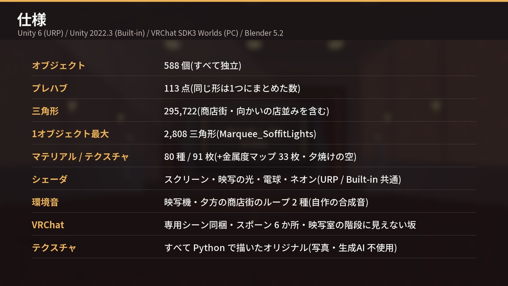【VRChat・Unity対応】レトロ映画館3Dアセットパック|動くスクリーン・映写の光・点滅する電球・ネオン・昭和の商店街つき【プレハブ113点】