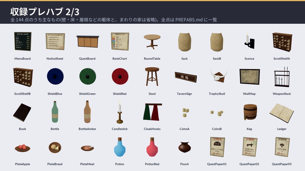 冒険者ギルド3Dアセットパック|依頼掲示板・受付・酒場・暖炉・宵の口の広場|手に取れる依頼書・呼び鈴・座れる椅子【プレハブ144点】
