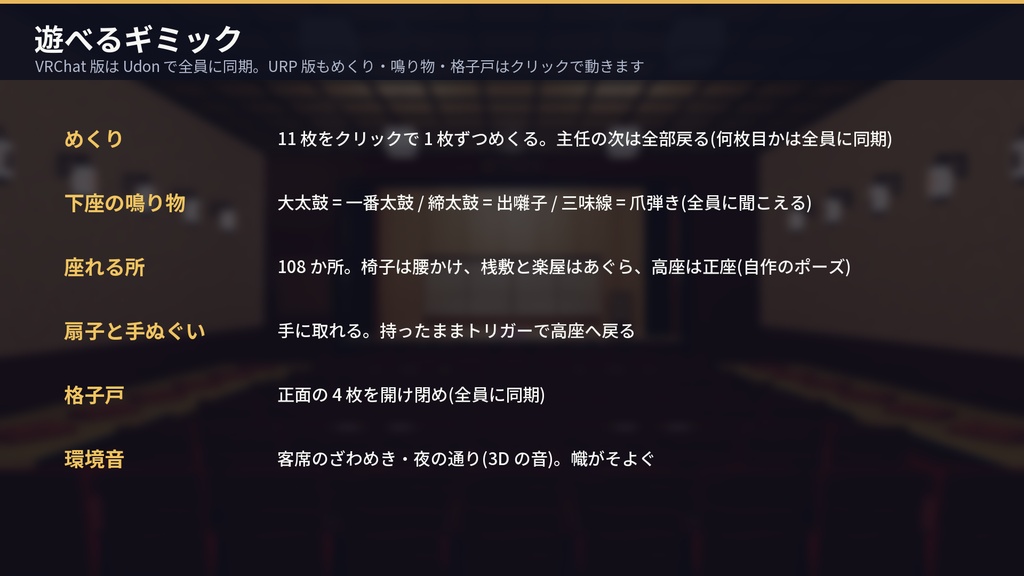 寄席(演芸場)3Dアセットパック|招き看板・客席・高座・楽屋・夜の通り|めくれるめくり・鳴る出囃子・座れる客席と高座【VRChat(PC・Android)・Unity対応/Androidスマホ実機確認済み】