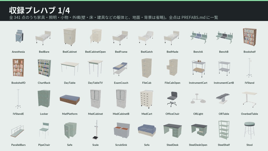 廃病院 3Dアセット|旧 白樫病院|懐中電灯で探索・点滅する蛍光灯・開け閉めできる戸19枚・押せる車椅子とストレッチャー|2階建て20室【VRChat(PC・Android)・Unity対応】