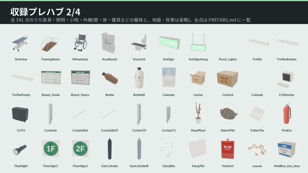 廃病院 3Dアセット|旧 白樫病院|懐中電灯で探索・点滅する蛍光灯・開け閉めできる戸19枚・押せる車椅子とストレッチャー|2階建て20室【VRChat(PC・Android)・Unity対応】