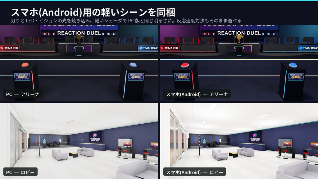 eスポーツ施設3Dアセットパック|遊べる反応速度対決ギミック付き・大型LEDビジョン・対戦ブース・客席・ゲーミングPC【VRChat(PC・Android)・Unity対応】