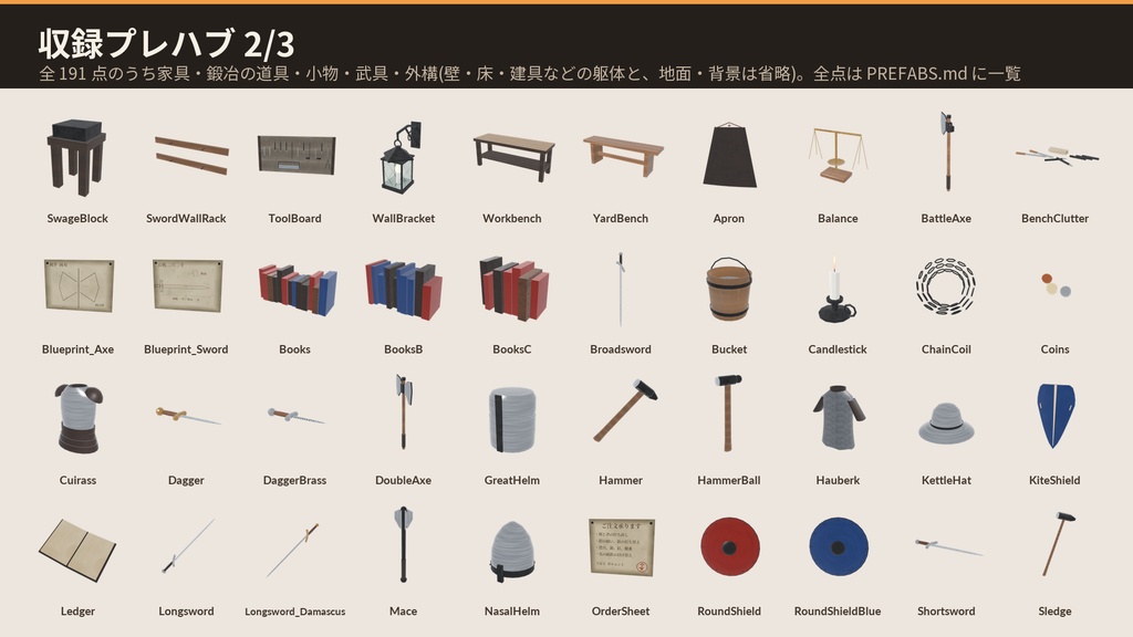 ファンタジー鍛冶屋 3Dアセット|ガルムント鍛冶工房|槌で金床を打てる・ふいごで炉が燃える・焼き入れ・手に取れる武具18点|工房+売り場+中二階+裏庭【VRChat(PC・Android)・Unity対応】