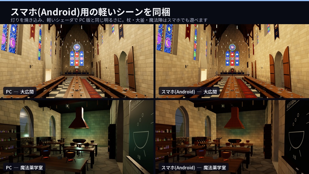 魔法学院 3Dアセット|王立ルーメンヴァルト魔法学院|杖で魔法・大釜で調合・魔法陣でワープ|大広間+魔法薬学室+図書室+回廊と中庭・2階建て【VRChat(PC・Android)・Unity対応】