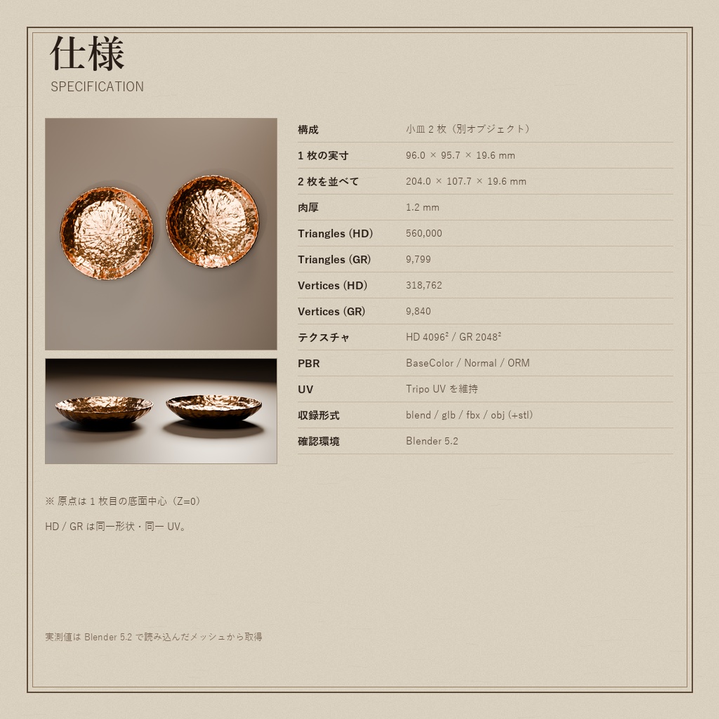 銅の小皿 一対(鎚目) / Hammered Copper Sake Cup Trays