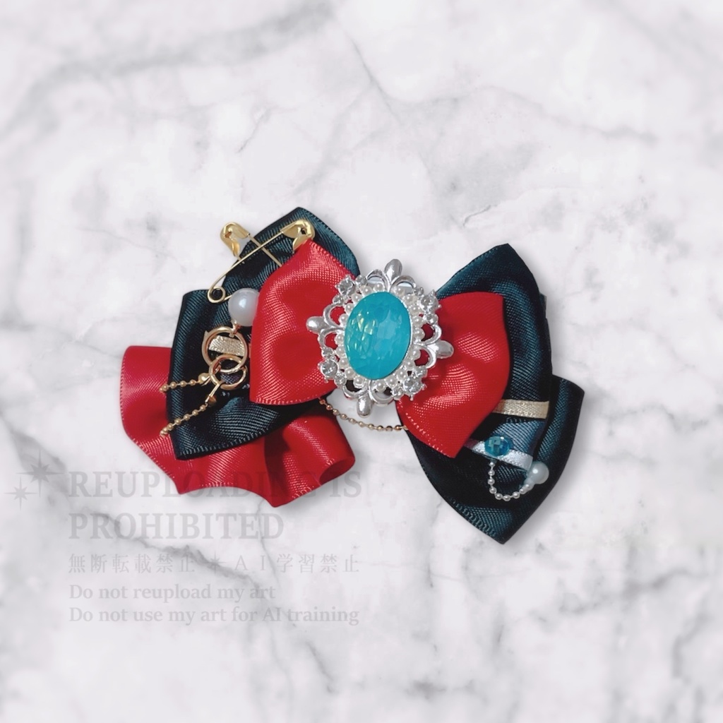 衣装モチーフヘアメリボン ブラック×グレー×レッド(バレッタタイプ)