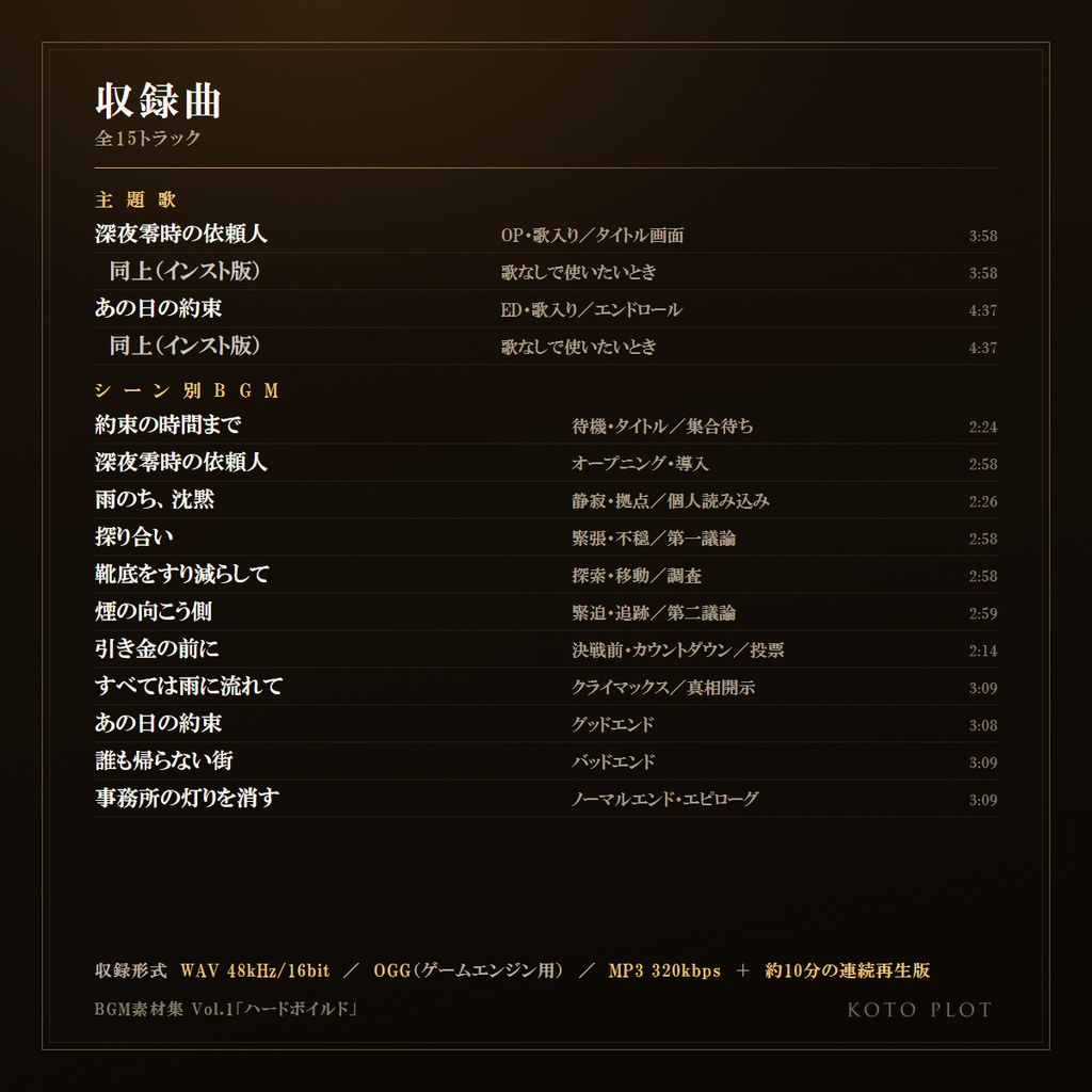 【マダミス・ゲーム制作に】BGM素材集 Vol.1 ハードボイルド ─ 主題歌OP/ED付き全15トラック(商用可・ロイヤリティフリー)