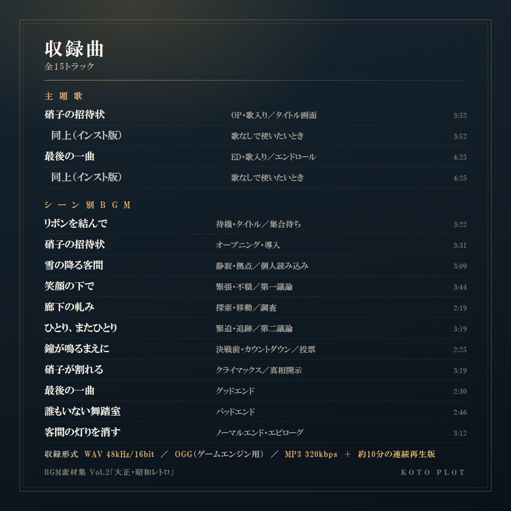 【マダミス・ゲーム制作に】BGM素材集 Vol.2 大正・昭和レトロ ─ 主題歌OP/ED付き全15トラック(商用可・ロイヤリティフリー)
