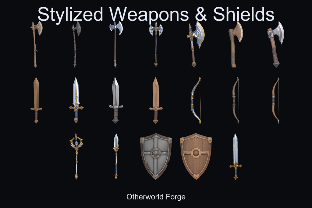 【ゲーム制作向け】ファンタジー武器・盾19点セット|Unity・FBX