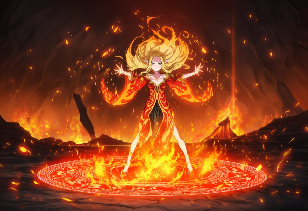 金髪エルフ × 炎魔法(フレイムメイジ)